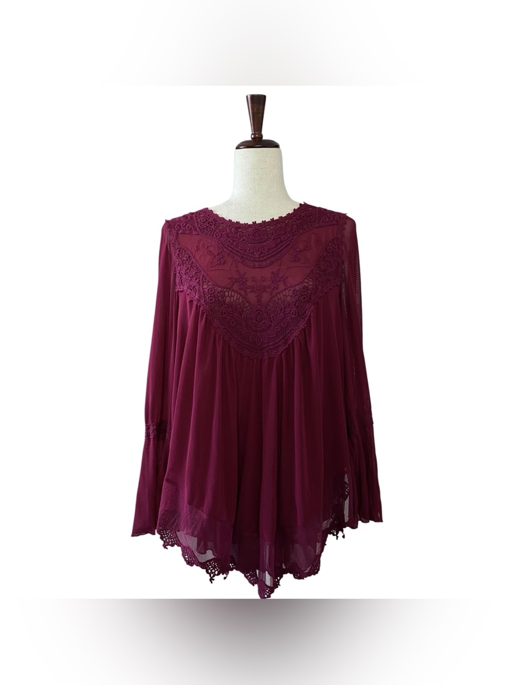 Ultra Pink Boho Crochet Lace Mesh Blouse Burgundy Bell Sleeve Top Medium